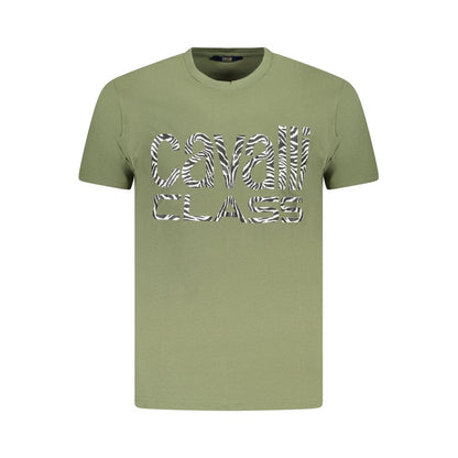 Cavalli Class Green Cotton Men T-Shirt with bold print and logo on a crew neck design for fashion-forward style.