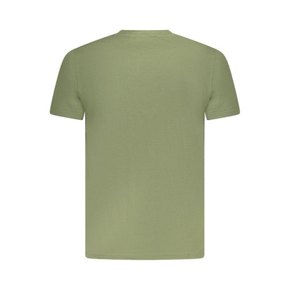 Back view of Cavalli Class Green Cotton Men T-Shirt with short sleeves and crew neck, showcasing minimalistic design and bold color.