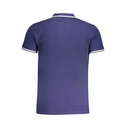 Back view of Cavalli Class Blue Cotton Polo Shirt with short sleeves, 3 buttons, contrast details, and embroidery logo.