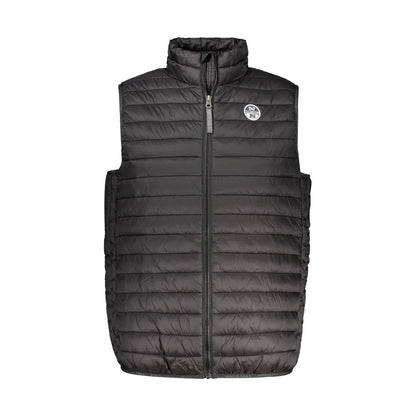 North Sails Black Polyamide Men Jacket with zip fastening and logo, sleeveless design, perfect for layering, lightweight 100-gram material.