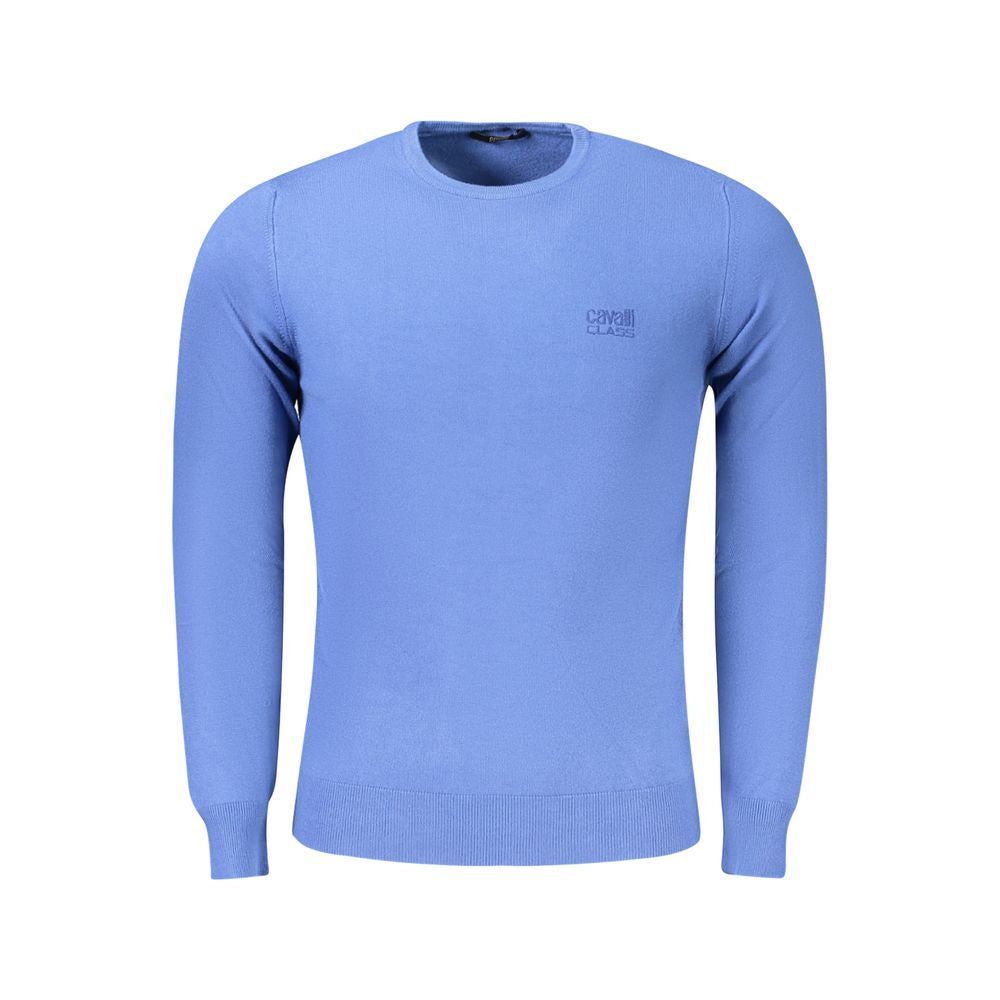 Cavalli Class Blue Viscose Men Sweater with crew neck design and logo, featuring long sleeves and embroidery for bold sophistication.
