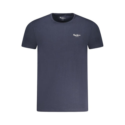Pepe Jeans Blue Cotton Men T-Shirt with slim-fit crew neck and logo, featuring 95% cotton and 5% elastane for comfort and style.
