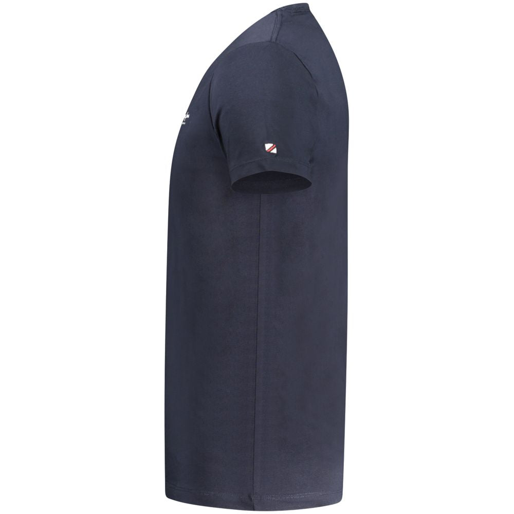 Side view of Pepe Jeans Blue Cotton Men T-Shirt showcasing slim fit and crew neck design.