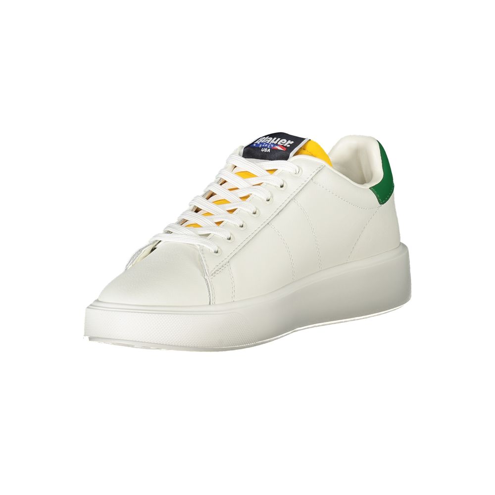 Blauer White Leather Men Sneaker with green accents and dynamic print, premium materials, lace-up design, and Blauer logo.