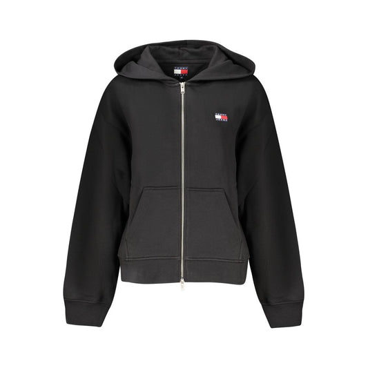 Tommy Hilfiger Black Cotton Women Sweater with hood, zip-up design, and signature logo embroidery, ideal for casual-chic looks.