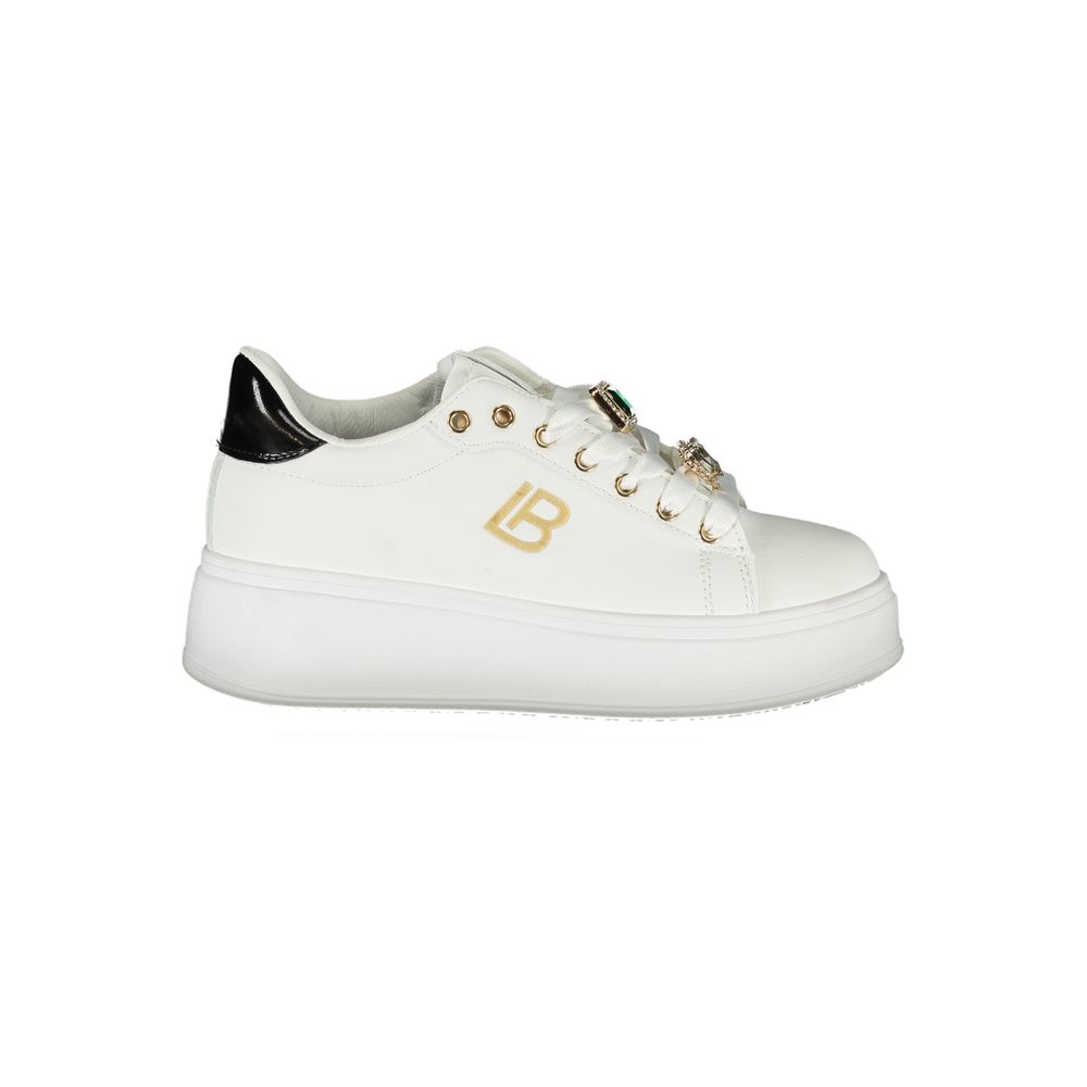 Laura Biagiotti White Synthetic Women Sneaker with rhinestone embellishments, contrasting details, and 4 cm wedge.