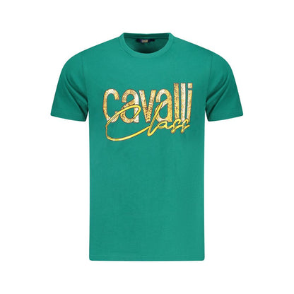 Cavalli Class Green Cotton Men T-Shirt with logo and vivid print, showcasing bold style in fashion-forward short sleeve crew neck design.