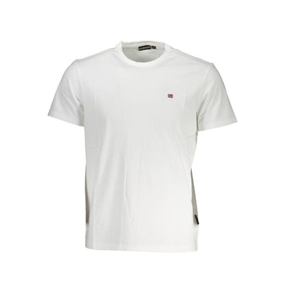 Napapijri White Cotton Men T-Shirt with short sleeves and embroidered logo on front, ideal for casual comfort and style.