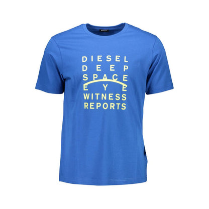 Diesel Blue Cotton Men T-Shirt with standout print and logo, short sleeve crew neck for stylish fit and supreme comfort.