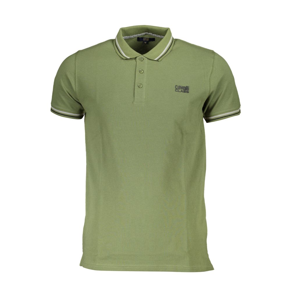 Cavalli Class Green Cotton Men Polo Shirt with logo and contrasting details, short sleeves, sophisticated design, and luxury appeal.