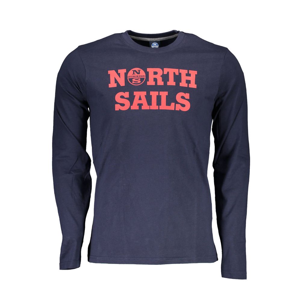 North Sails Blue Cotton Men T-Shirt with logo, showcasing long sleeves and crew neck in vibrant blue for timeless maritime fashion.