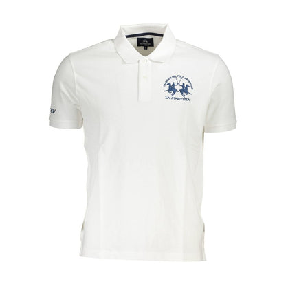 La Martina White Cotton Men Polo Shirt with embroidered logo, short sleeves, and 2-button placket for modern style.