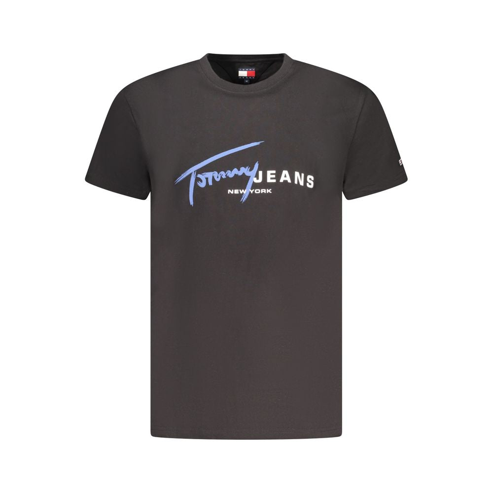 Tommy Hilfiger Black Cotton Men T-Shirt with signature logo and crew neck design, emphasizing sustainable fashion.