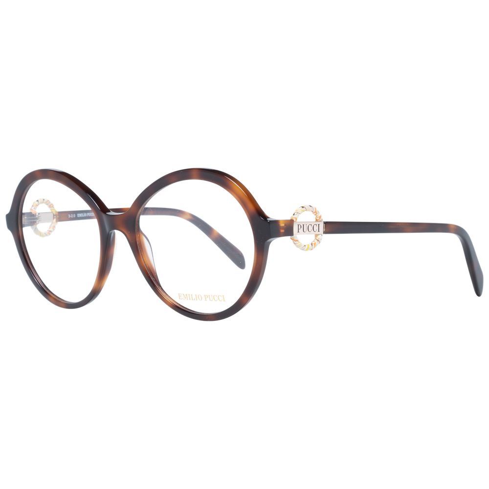 Emilio Pucci Brown Women Glasses Frame in full-rim round style with plastic brown frame, 54mm lenses, 140mm temples, includes branded case.
