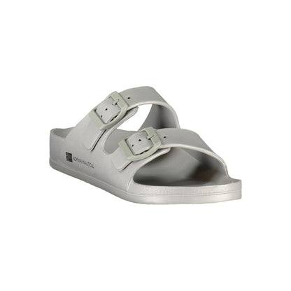 Norway 1963 Gray Plastic Women Sandal with two buckles and signature logo design.