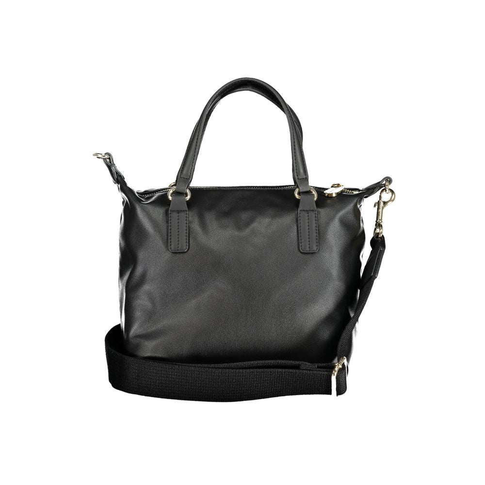 Tommy Hilfiger Black Polyester Handbag with adjustable strap, two handles, internal pocket, zip closure, and logo detail.