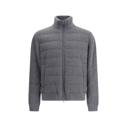 Herno Gray Wool Bomber with mélange pattern, high collar, double-slider zipper, and ribbed accents for a refined casual look.