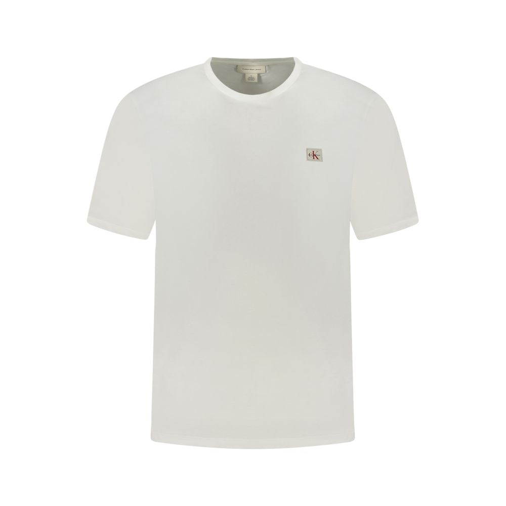 Calvin Klein White Cotton Men T-Shirt with logo appliqué, offering comfort and style in a crisp white design, perfect for any occasion.