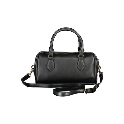 Mario Valentino Black Polyethylene Handbag featuring two handles, removable shoulder strap, internal pockets, and zip closure.