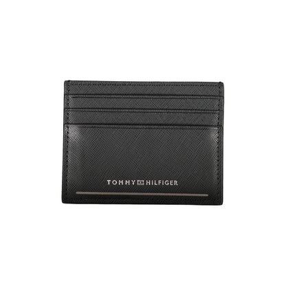 Tommy Hilfiger Black Leather Wallet with contrast details, logo, card holder, and central pocket.