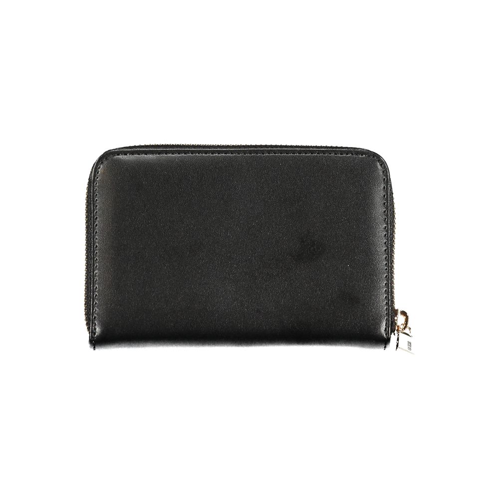 Guess Jeans Black Polyethylene Wallet with coin purse, card spaces, and zip closure, featuring a logo design.
