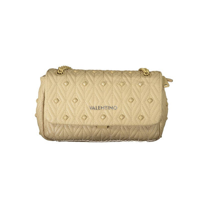 Mario Valentino Beige Polyester Handbag with chain shoulder strap, contrasting details, and logo; features zip and clip closure.