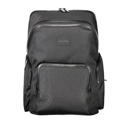 Calvin Klein Black Polyester Backpack with adjustable straps, multiple pockets, laptop compartment, and recycled material.