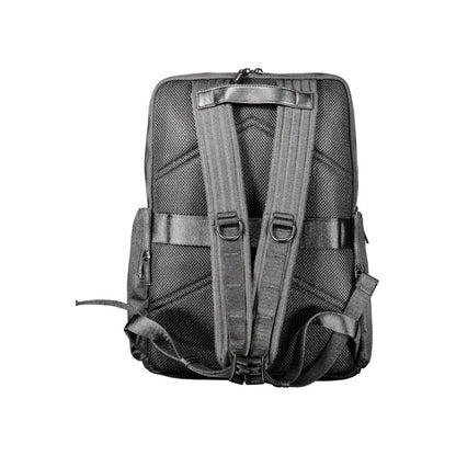 Back view of Calvin Klein Black Polyester Backpack with adjustable shoulder straps and recycled material design.