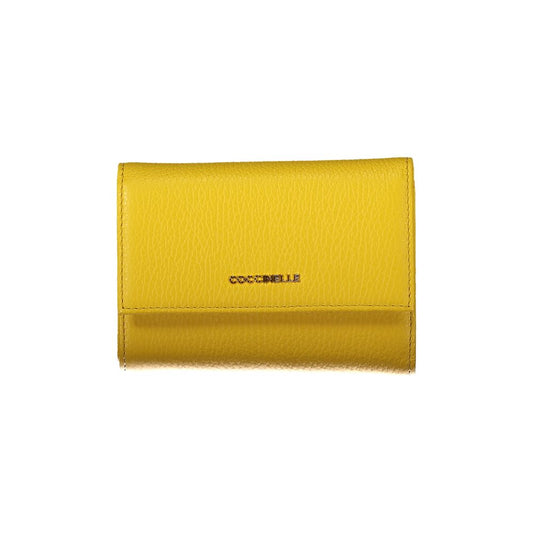Coccinelle Yellow Leather Wallet with metallic finish, 3 compartments, card spaces, external coin pocket, zip and automatic closure, logo on front.
