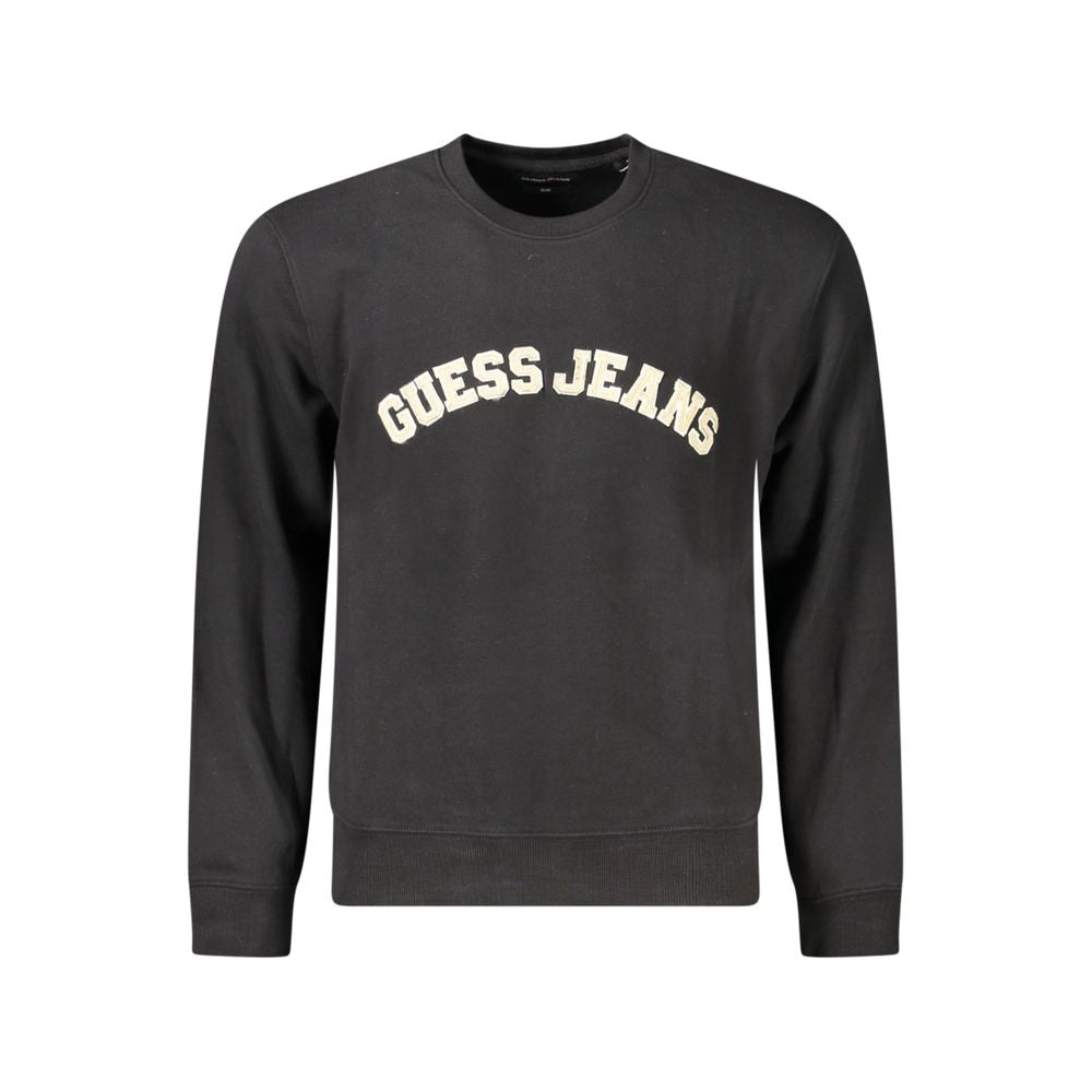 Guess Jeans Black Cotton Men Sweater with crew neck and logo on the front, perfect for stylish and bold fashion statements.