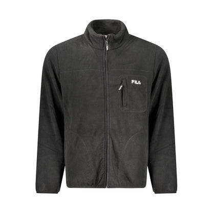 Fila Black Polyester Men Jacket with embroidered logo and fleece material, featuring long sleeves and multiple pockets.