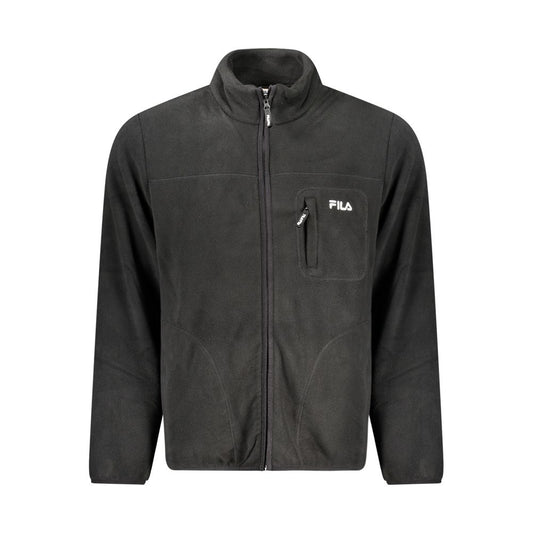 Fila Black Polyester Men Jacket with embroidered logo and fleece material, featuring long sleeves and multiple pockets.