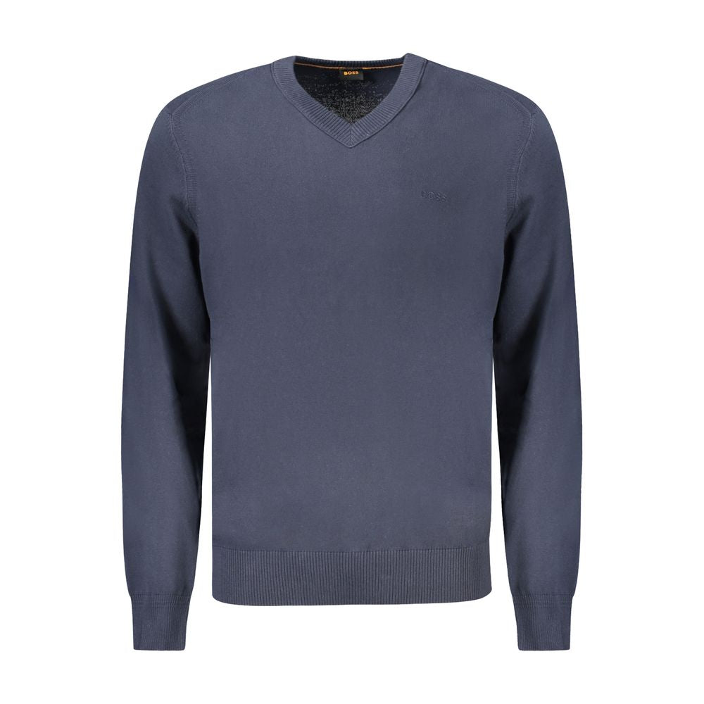 Hugo Boss Blue Cotton Sweater with long sleeves, V-neck, and embroidered logo