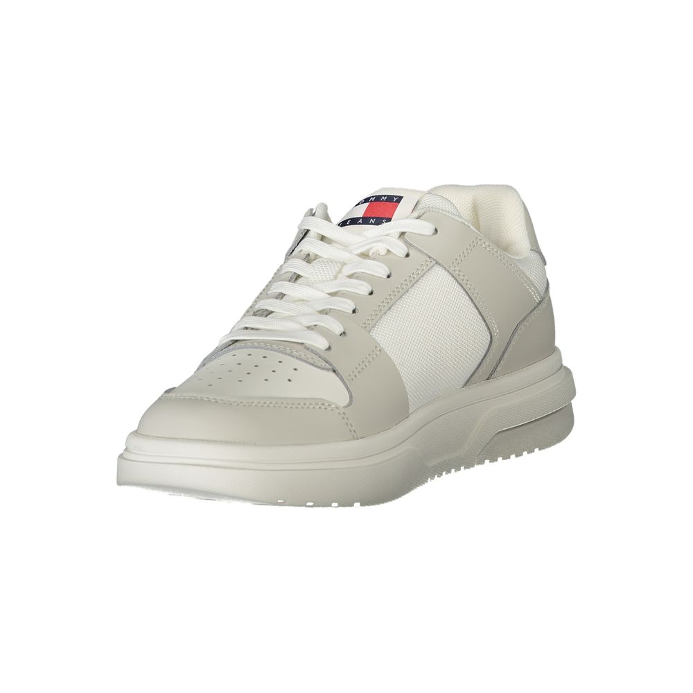 Tommy Hilfiger White Polyester Sneaker with laces, grey contrasting details, removable footbed, and logo print.