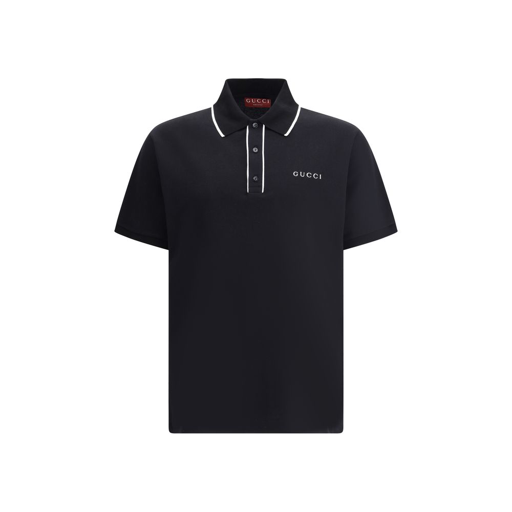Gucci Black Cotton Polo Shirt with classic collar, contrasting buttons, iconic monogram, and side slits for sporty elegance.