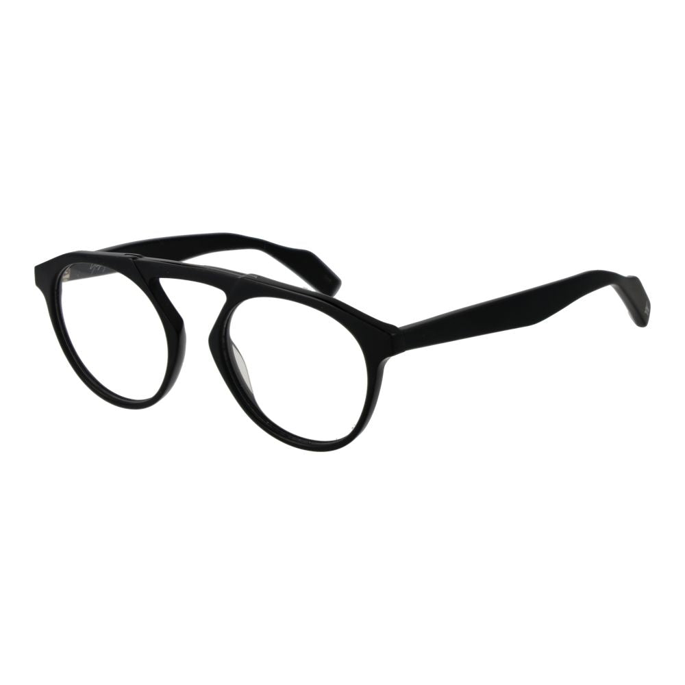 Yohji Yamamoto Black Men Glasses Frame in black aviator style with full-rim design, plastic material, 50-20-145 size, includes soft case.