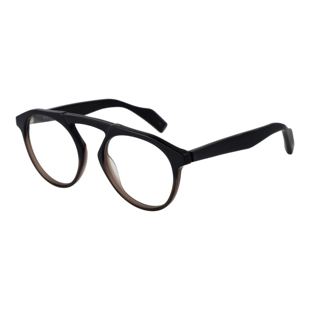 Yohji Yamamoto Black Men Glasses Frame, full-rim aviator style, plastic material, black color, 50-20-145 size, includes branded soft case.