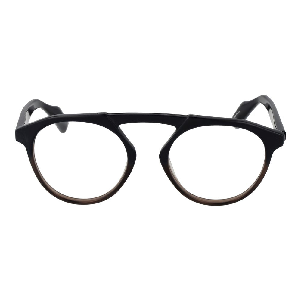 Yohji Yamamoto Black Men Glasses Frame, full-rim plastic aviator style with demo lenses, black color, size 50-20-145, includes soft case.
