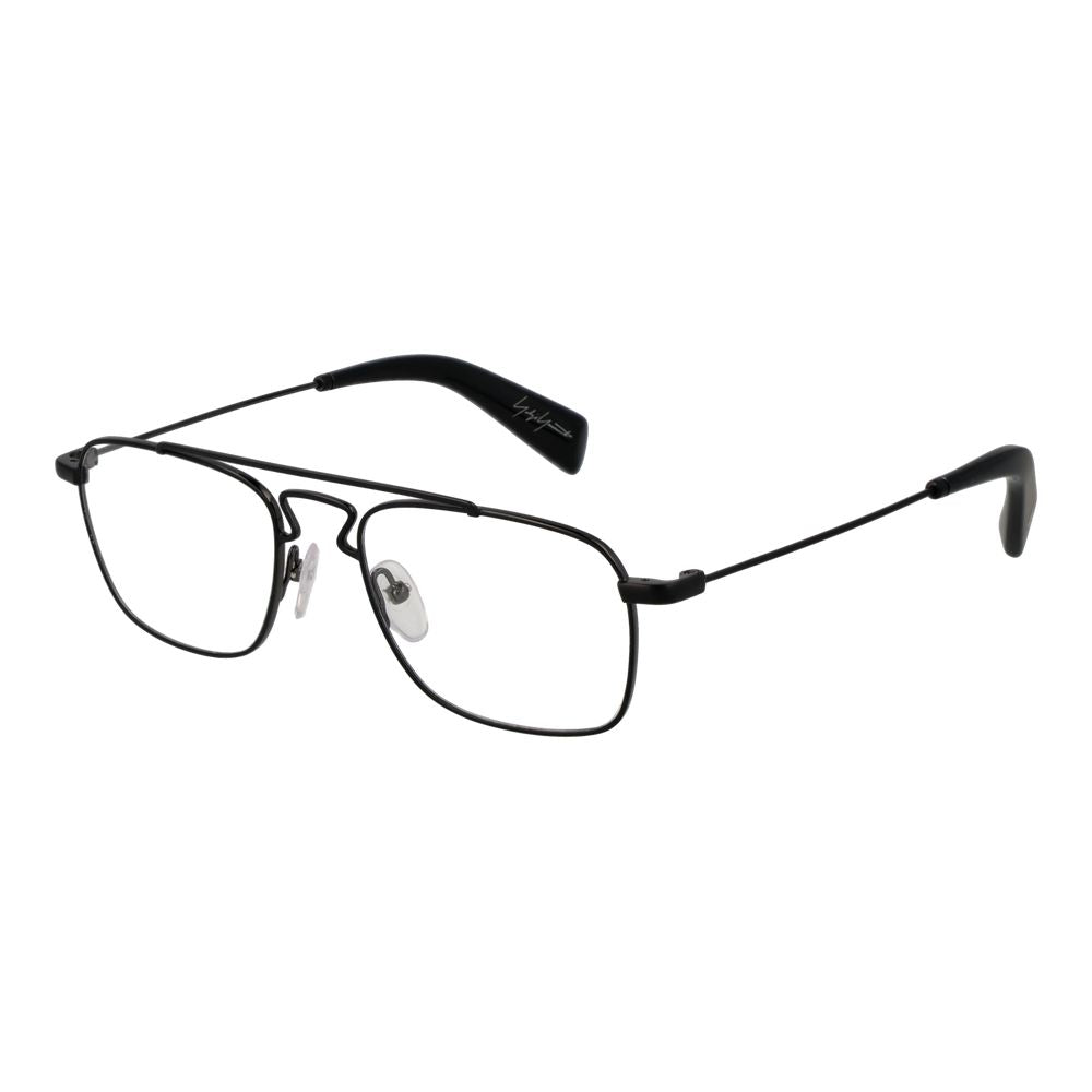 Yohji Yamamoto Black Men Glasses Frame in aviator style with black metal full-rim frame and plastic demo lenses.