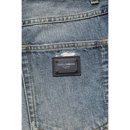 Dolce & Gabbana Blue Washed Tattered Straight Fit Denim Jeans