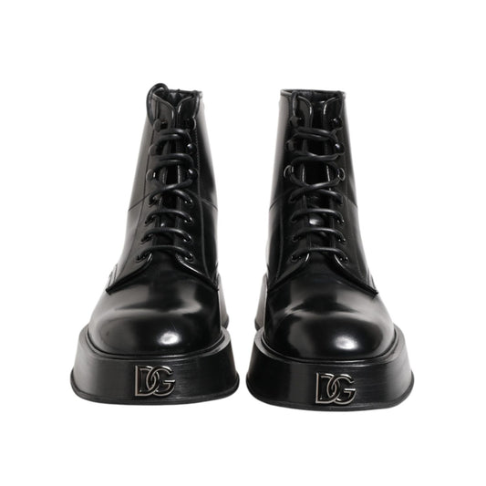 Dolce & Gabbana Black Leather Logo Ankle Boots Lace Up Shoes MV7391-42
