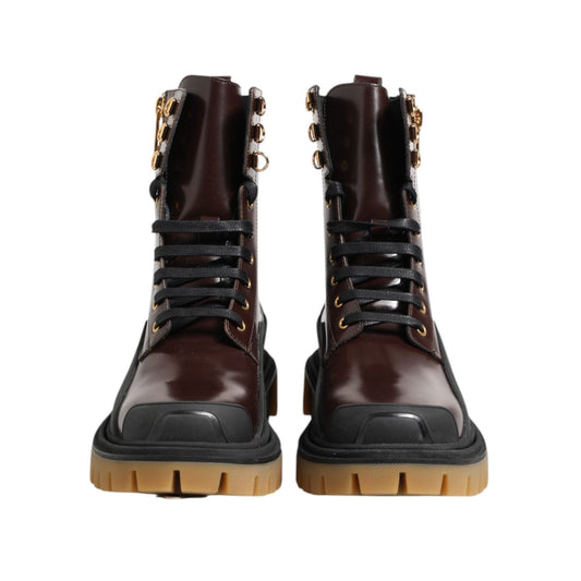 Dolce & Gabbana Brown Black Leather Boots Zipper Lace Up Shoes MV7397-40