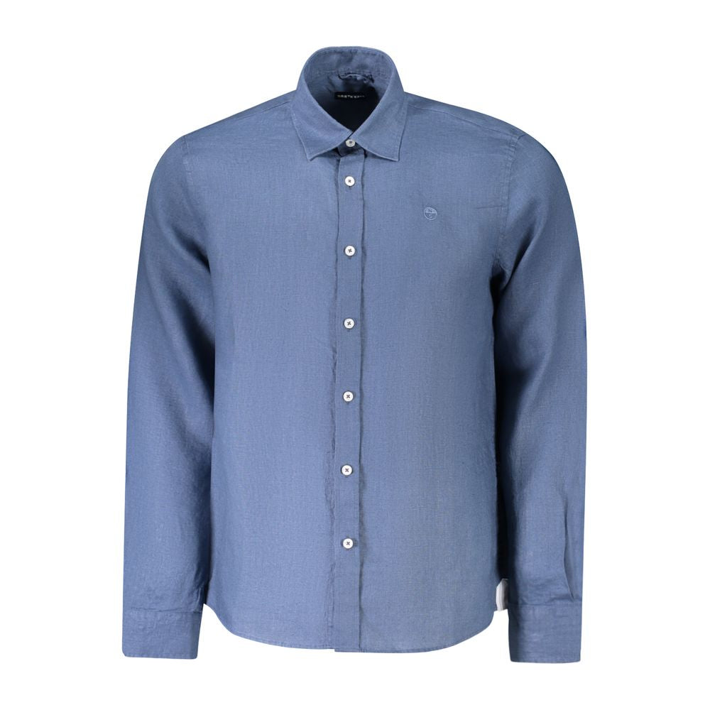 North Sails Blue Linen Shirt with long sleeves, Italian collar, and button cuffs, featuring embroidery and logo, ocean positive design.