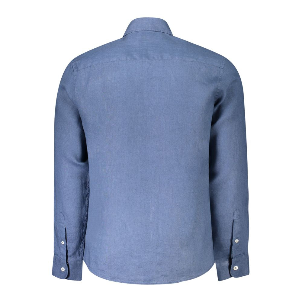Back view of North Sails Blue Linen Shirt with long sleeves and Italian collar.