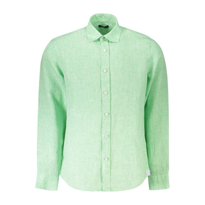North Sails Green Linen Shirt with Italian collar, long sleeves, and ocean positive logo embroidery.