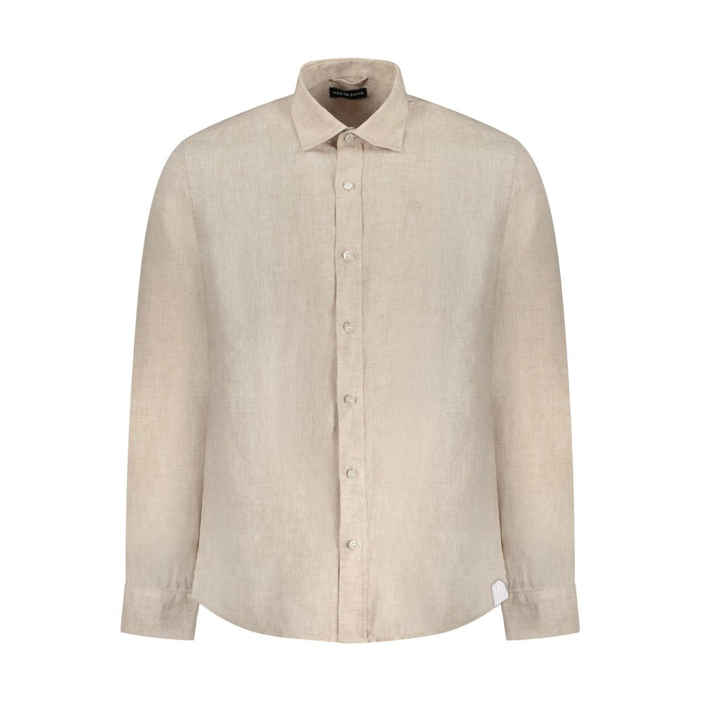 North Sails Beige Linen Shirt with long sleeves, Italian collar, 1 button cuffs, and embroidery logo, Ocean Positive