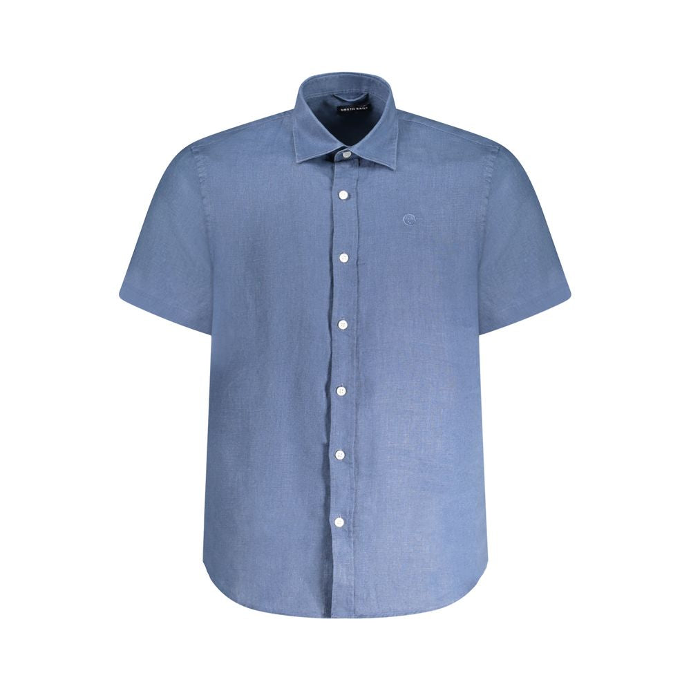 North Sails Blue Linen Shirt with short sleeves, Italian collar, buttons, and logo embroidery. Ocean Positive design.