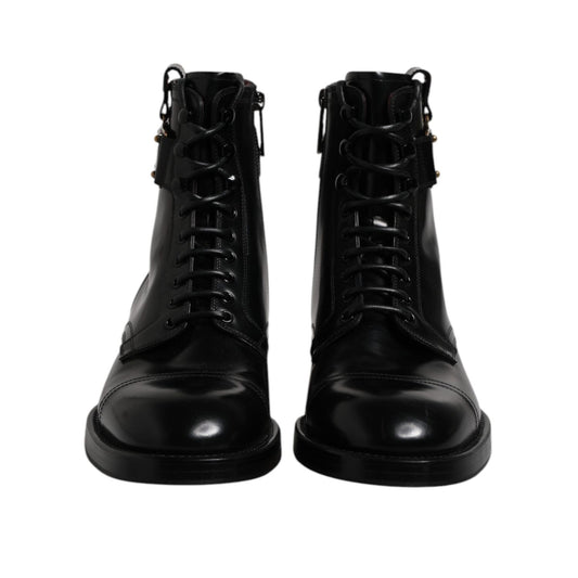 Dolce & Gabbana Black Leather Mid Calf Boots Lace Up Shoes MV7517-44