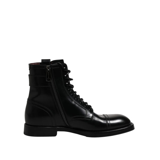 Dolce & Gabbana Black Leather Mid Calf Boots Lace Up Shoes MV7517-44