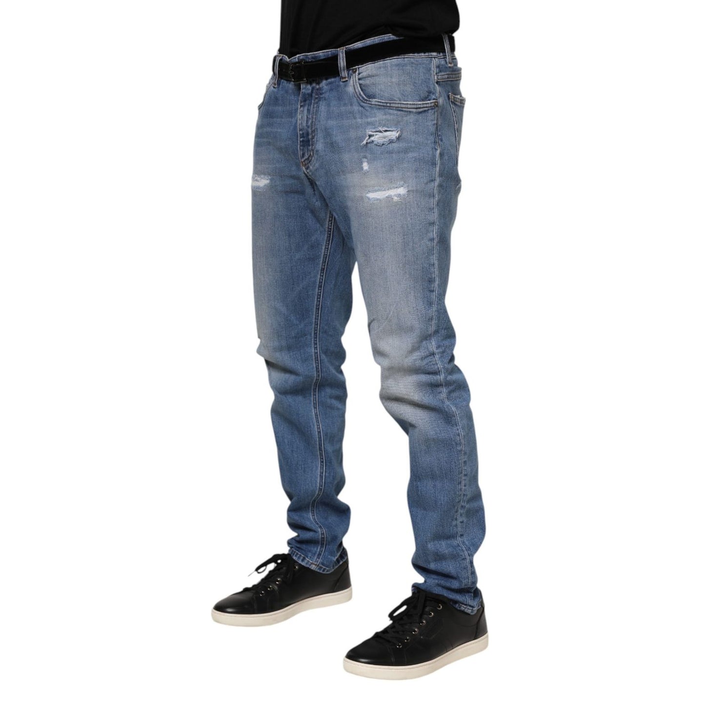 Dolce & Gabbana Blue Washed Tattered Logo Plaque Denim Jeans